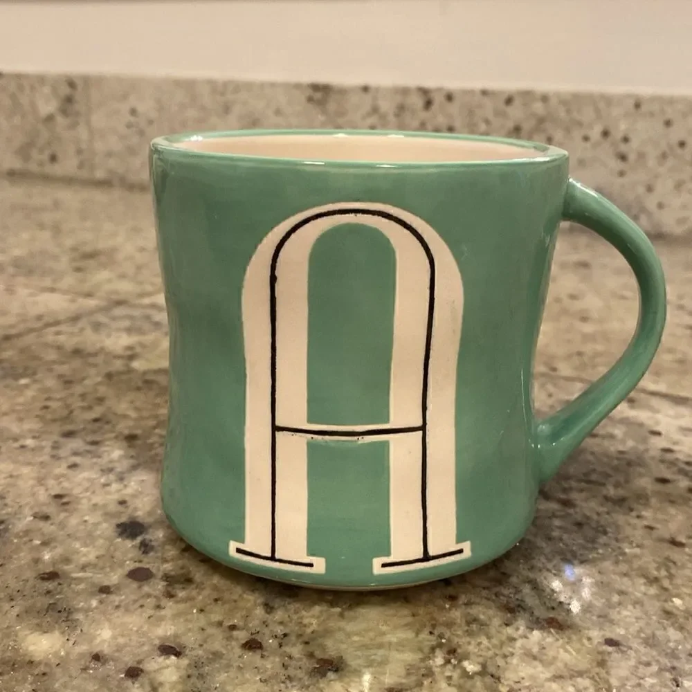 Anthropologie Hand Painted Letter A Monogram Green Ceramic Coffee Tea Mug